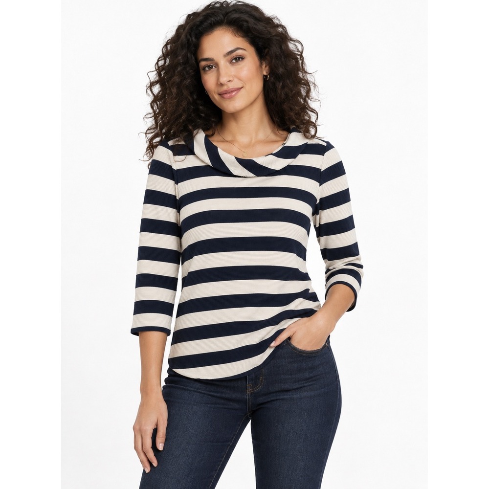 Boden Striped Ottoman Knit Cowl Neck Top Navy Ivory Nautical Preppy US 4